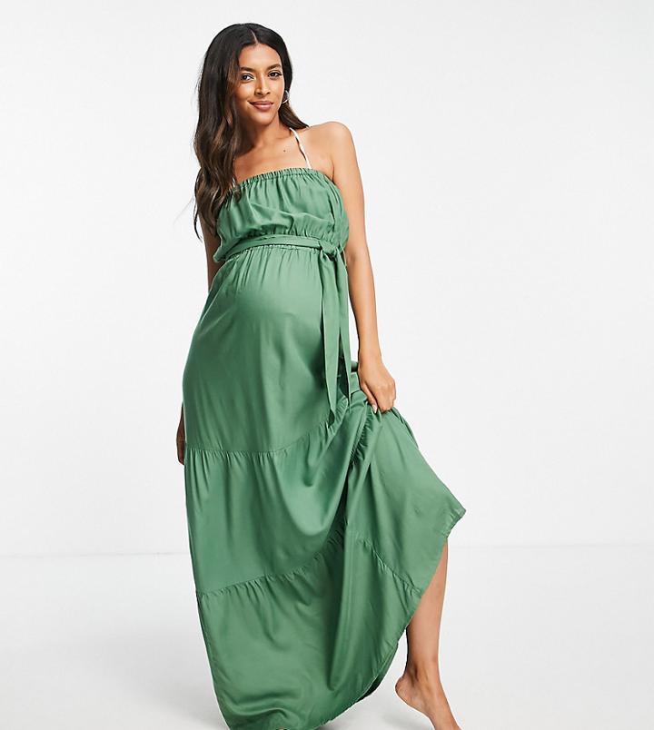 Asos Design Maternity Bandeau Tiered Maxi Beach Dress In Khaki-green