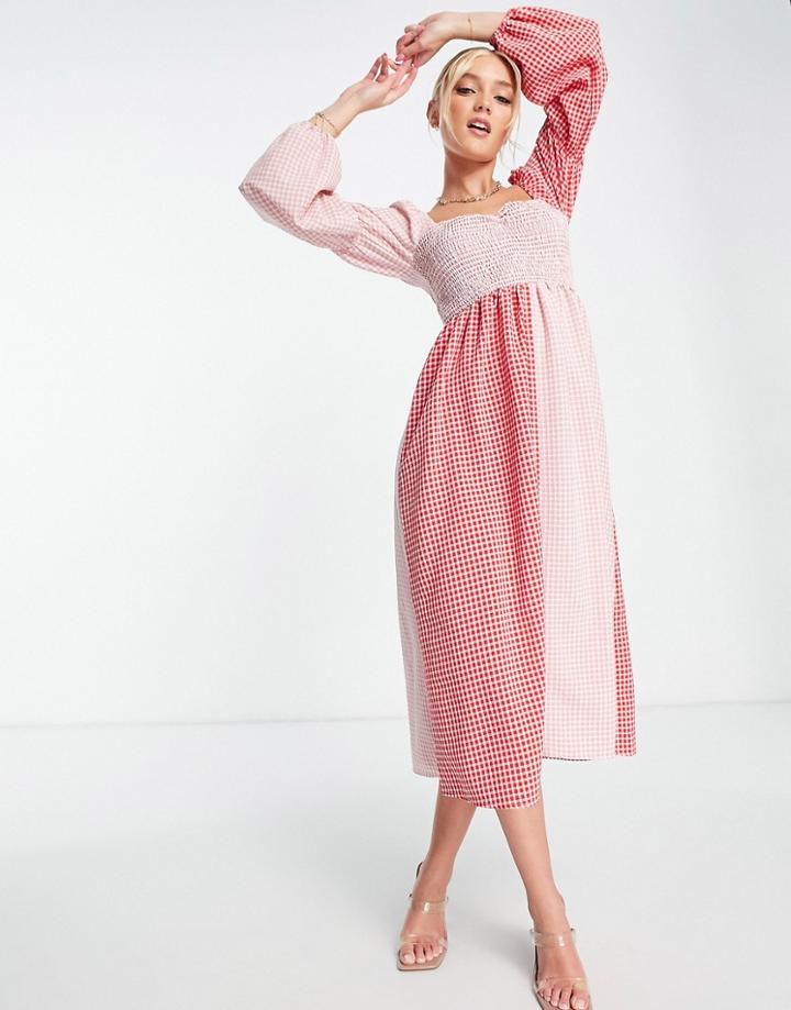 Miss Selfridge Sleeve Detail Midi Dress In Mix Gingham-pink