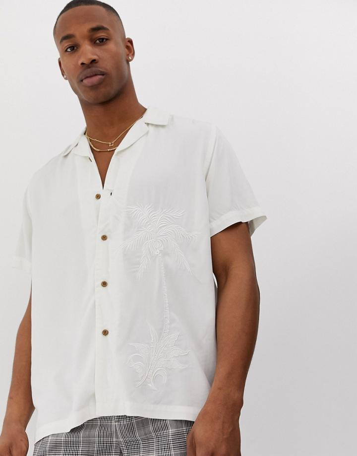 Asos Design Regular Fit Shirt With Palm Tree Embroidery In Ecru-cream