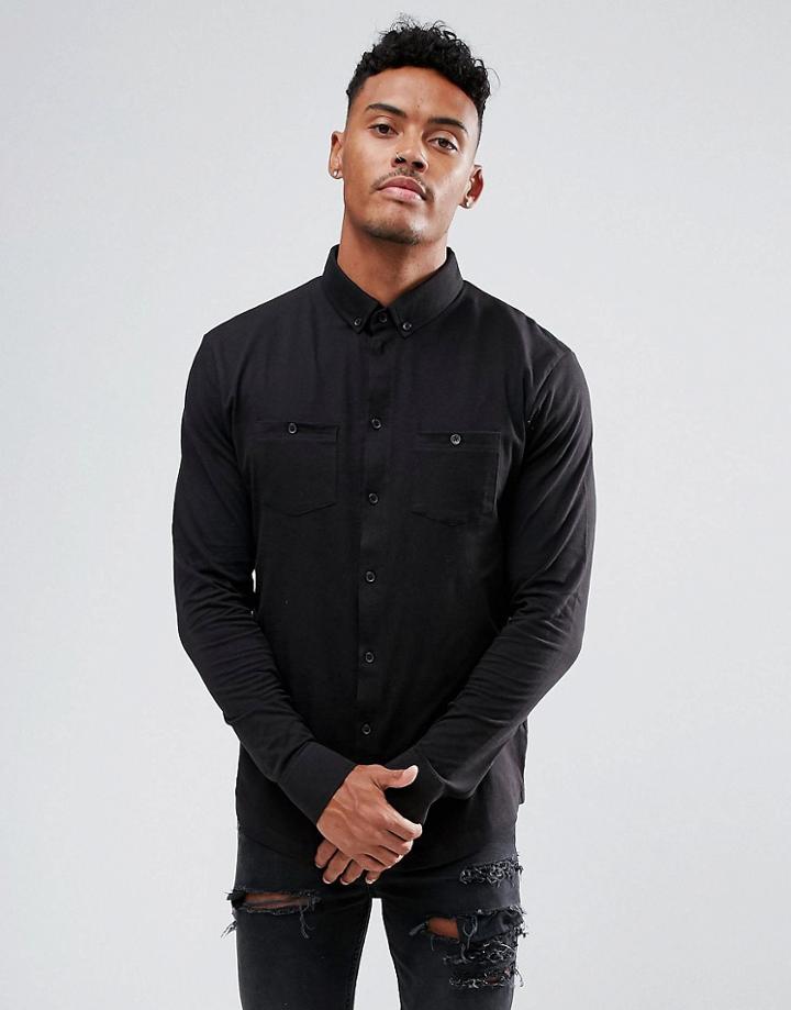 Boohooman Jersey Shirt With Double Pockets In Black - Black