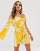 Asos Design One Shoulder Beach Cover Up With Bunny Tie In Yellow Palm Outline Print-multi