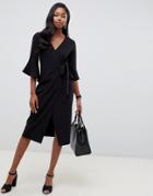 Asos Design Midi Wrap Dress With Flutter Sleeve-black
