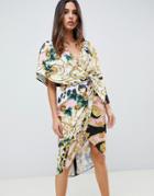Asos Design Satin Kimono Midi Dress With Knot Front And Asymmetric Sleeve In Chain Print - Multi