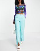 Heartbreak Pin Tuck Wide Leg Pants With Front Slit In Cyan - Part Of A Set-blue