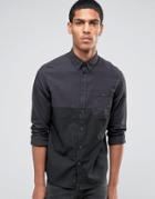 Celio Long Sleeve Regular Fit Shirt With Cut And Sew Panel - Black