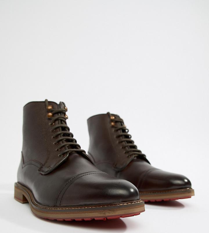 Asos Design Lace Up Boots In Brown Leather With Textured Scotchgrain Panel - Brown