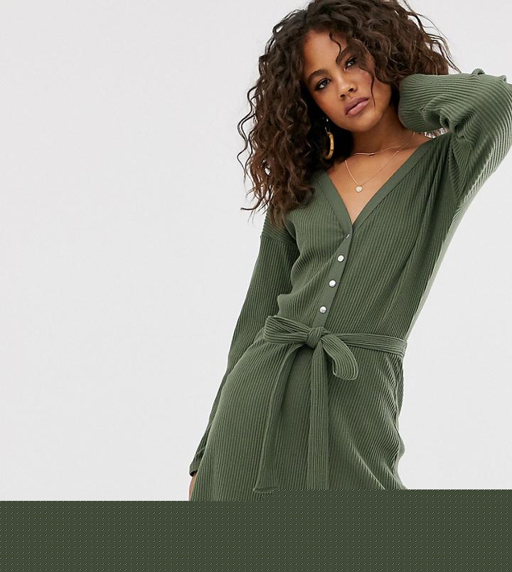 Asos Design Tall Button Through Maxi Tea Dress With Splits In Ditsy Print-green