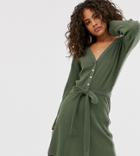 Asos Design Tall Button Through Maxi Tea Dress With Splits In Ditsy Print-green