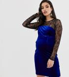 Asos Design Maternity Lace And Velvet Mix Mini Bodycon Dress-blue