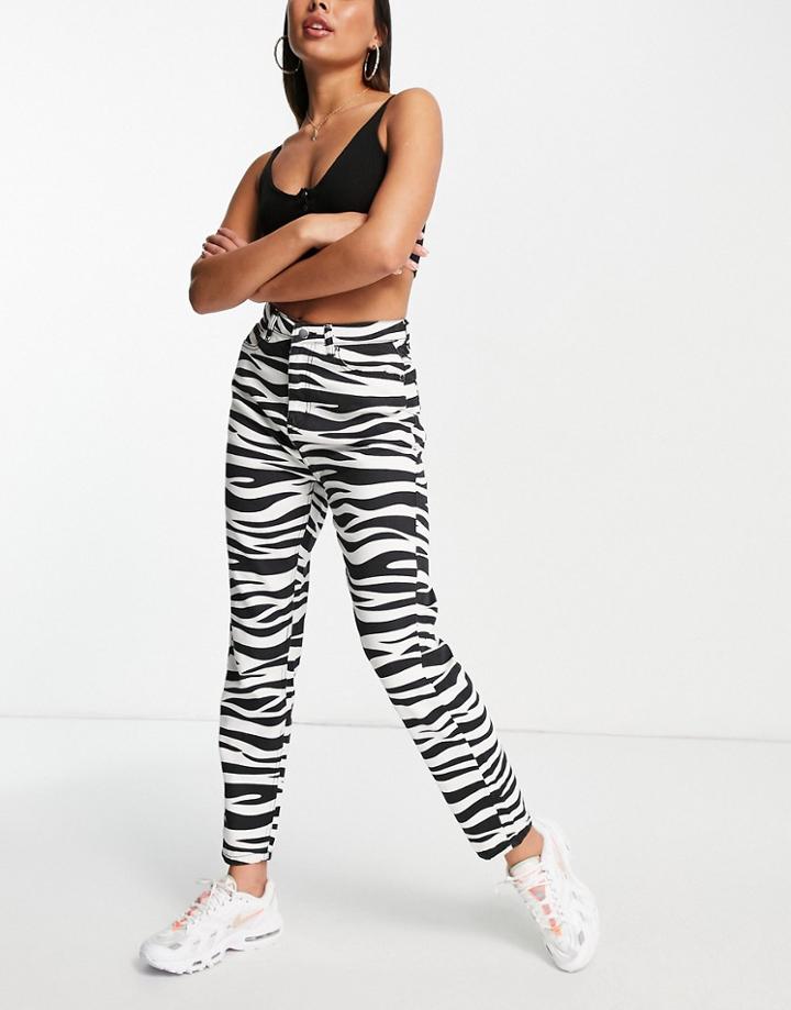 Naanaa High Waisted Zebra Print Jeans In Black And White