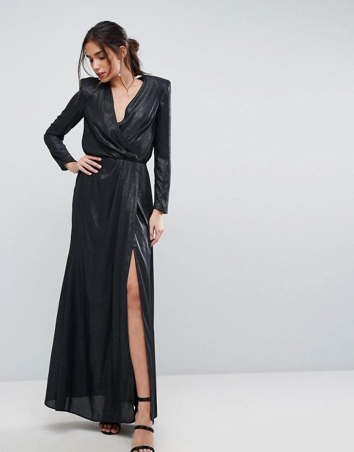 Asos Metallic Twist Front Maxi Dress With Shoulder Pads - Black