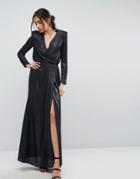 Asos Metallic Twist Front Maxi Dress With Shoulder Pads - Black