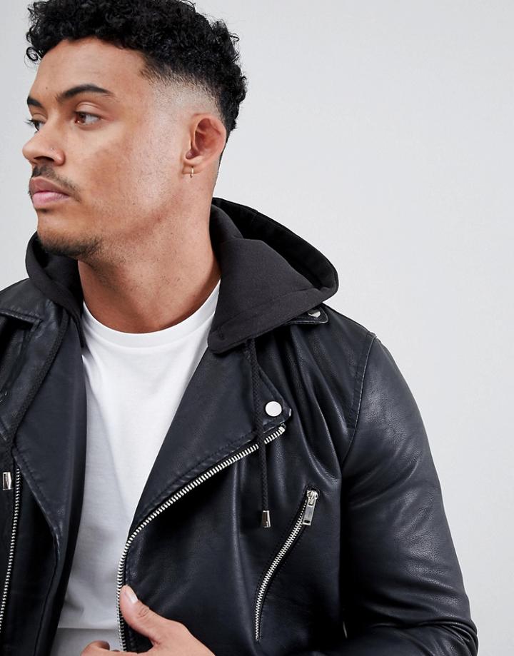 River Island Faux Leather Biker Jacket With Detachable Hood In Black - Black
