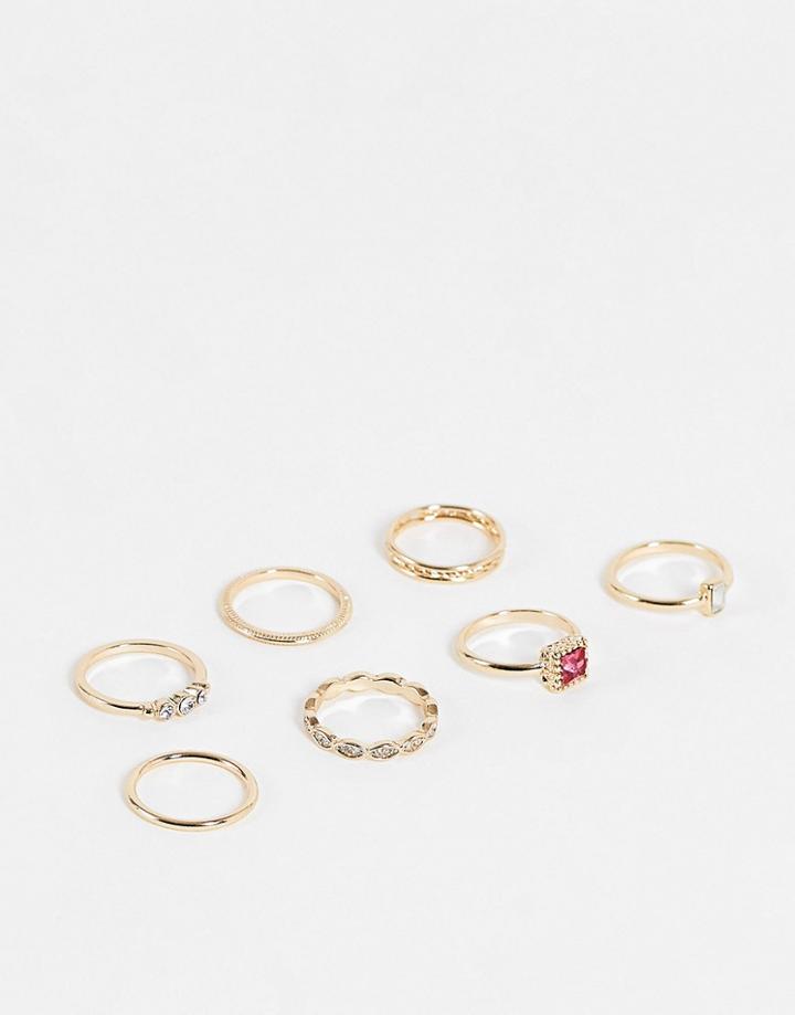 Topshop Pink Crystal 6 X Multipack Finger And Midi Rings In Gold