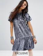 Milk It Vintage Oversized T-shirt Dress With Peplum Frill Hem In Velvet - Gray