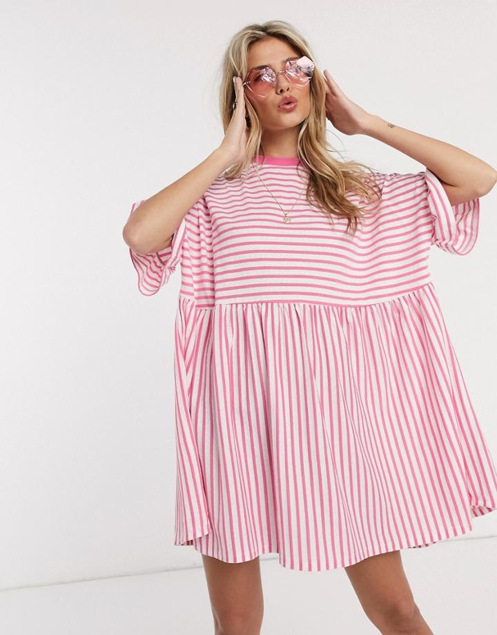 Asos Design Oversized Smock T-shirt Dress In Pink And White Stripe-multi