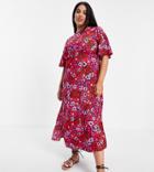Influence Plus Midi Tea Dress In Red Floral Print-white