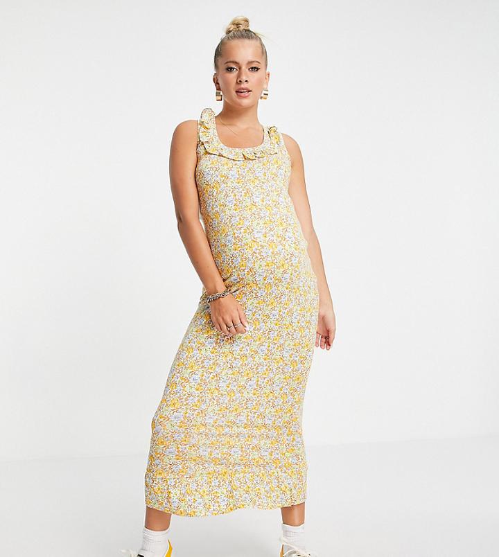 Violet Romance Maternity Jersey Midi Dress With Ruffle Straps In Floral-multi