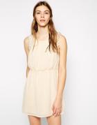 Color Block Dress With Scallop Lace Trim - Beige