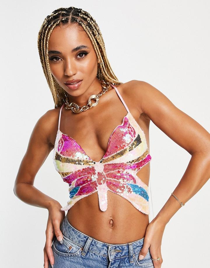 Naanaa Festival Sequin Butterfly Back Detail Top In Light Pink
