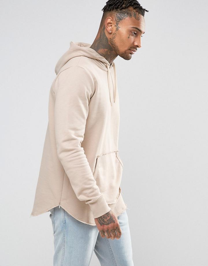 Criminal Damage Hoodie With Raw Hem - Beige