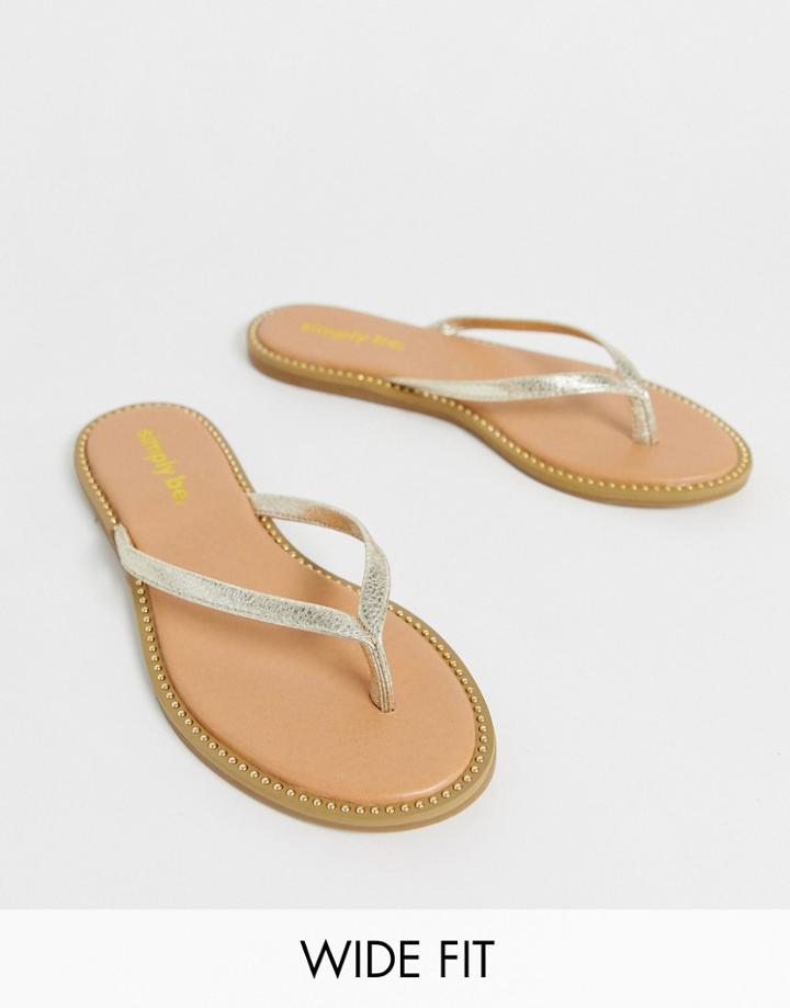 Simply Be Wide Foot Zenda Studded Sole Flip Flop In Metallic Silver - Gold