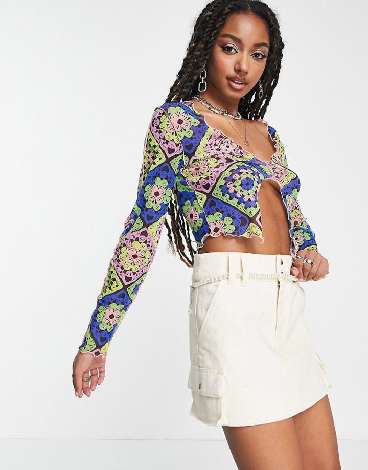 Asos Design Recycled Blend Mesh Top With Split Front In Crochet Print-multi