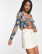 Asos Design Recycled Blend Mesh Top With Split Front In Crochet Print-multi