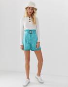 Asos Design Paperbag Waist Short With Tortoiseshell Buckle In Oil Wash - Blue