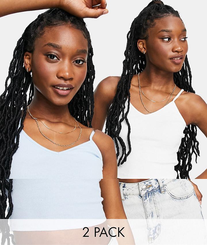 Monki Tricia 2 Pack Cropped Tank In White And Blue-multi