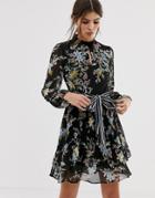 Oasis Tea Dress With Tie Waist In Floral Print - Multi
