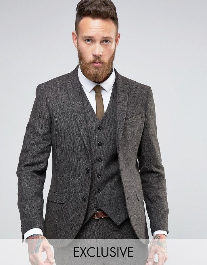 Heart & Dagger Slim Suit Jacket In Herringbone - Brown