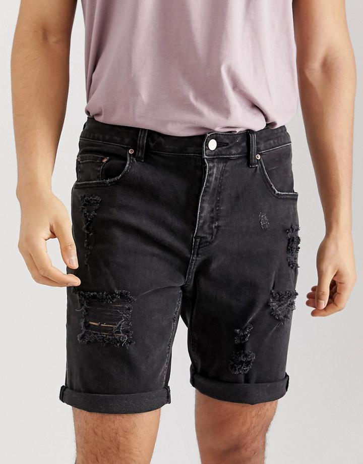 Asos Design Denim Shorts In Slim Washed Black With Heavy Rips - Black
