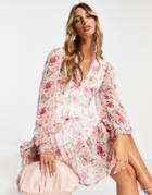 Vila V Neck Mini Dress With Lace Detail In Rose Floral Print-pink