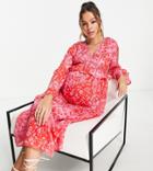 Violet Romance Maternity Frill Midi Dress In Floral Print-red