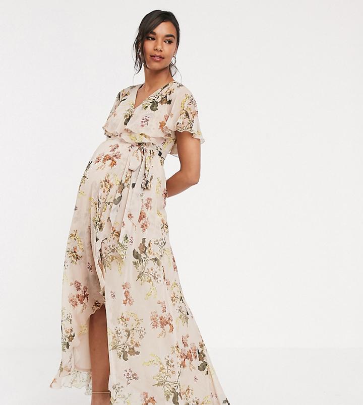 Asos Design Maternity Cape Maxi Dress With Dip Hem Taupe Floral Print - Multi