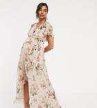 Asos Design Maternity Cape Maxi Dress With Dip Hem Taupe Floral Print - Multi