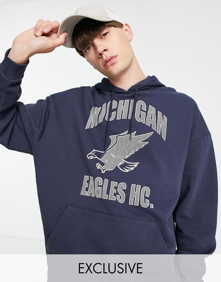 Reclaimed Vintage Inspired Relaxed Organic Cotton Hoodie With Michigan Eagles Print In Navy