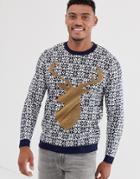 Asos Design Foundation Christmas Sweater With Stag Design - Navy