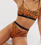 South Beach Tiger Print Buckle High Leg Bikini Bottom-orange