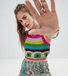 One Above Another Crop Top In Rainbow Stripe Crochet Knit - Multi