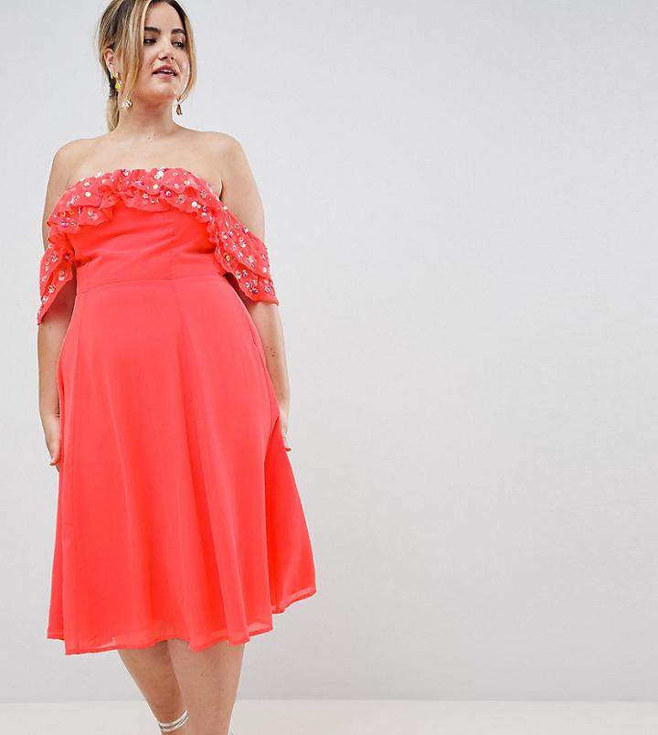 Asos Design Curve Bardot Midi Dress With Embellished Frill Top-pink