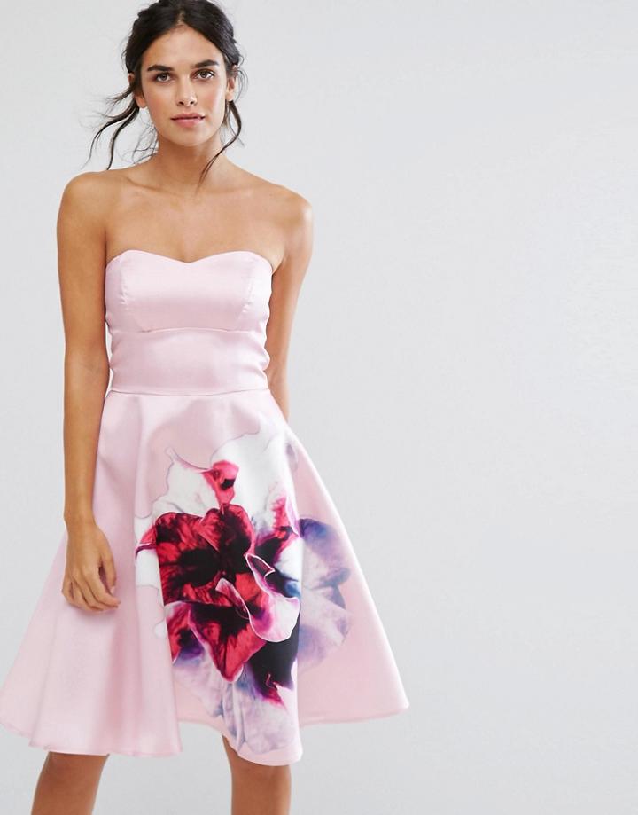 City Goddess Bandeau Skater Dress With Placement Floral Print - Pink