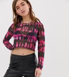 Asos Design Petite Long Sleeve Mesh Top In Neon Tie Dye - Pink