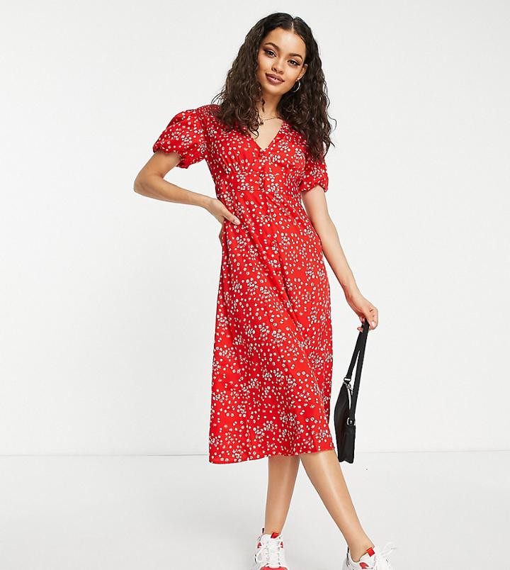 Influence Petite Puff Sleeve Midi Dress In Red Floral Print