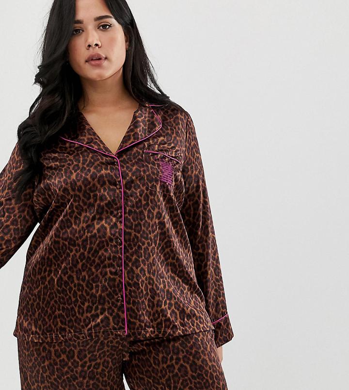 Savage X Fenty Curvy Animal Print Satin Pyjama Top In Toffee Leopard - Brown