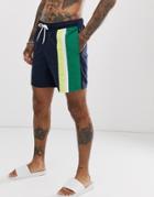 Asos Design Swim Short With Stripe Cut And Sew Panels Mid Length - Navy