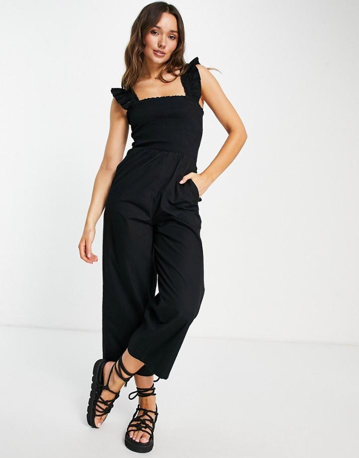 Accessorize Ruffle Shoulder Beach Jumpsuit In Black