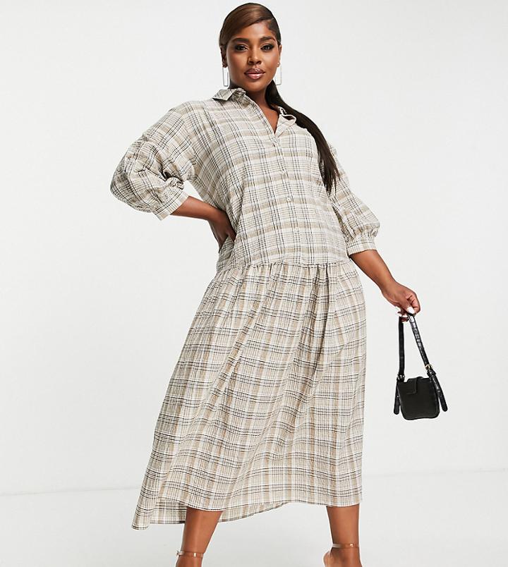 Asos Design Curve Button Though Shirt Midi Smock Dress In Brown White Check-multi