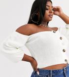 Rokoko Plus Knitted Bardot Crop Top With Balloon Sleeves-cream